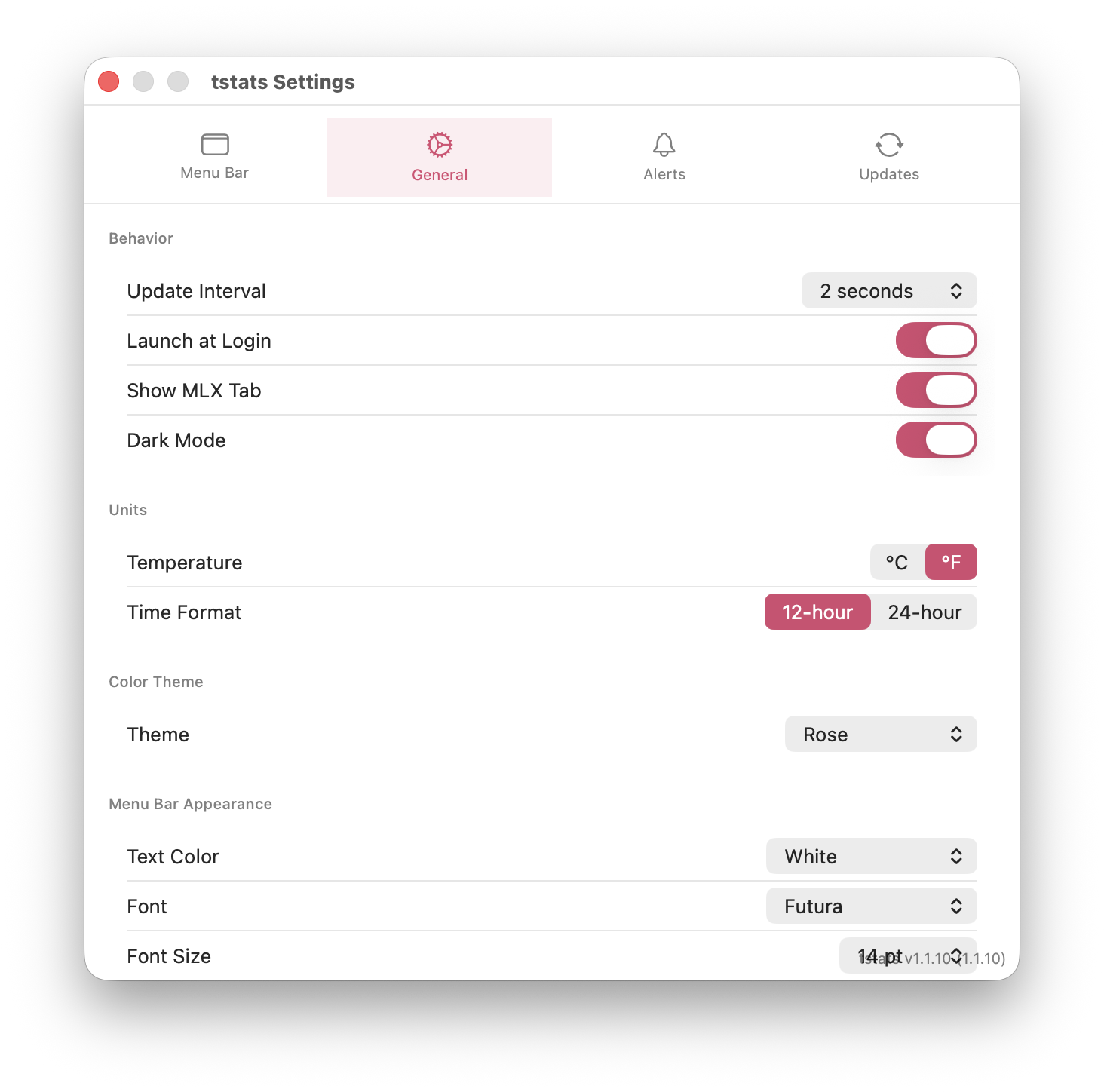 tstats Settings panel showing update interval, launch at login, dark mode, temperature units, time format, color theme, menu bar font and size options